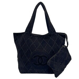 CHANEL Beach Bag Black Towel Pouch Coco Mark Outing